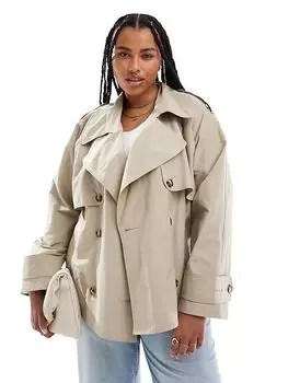 Короткий тренчкот свободного кроя ASOS DESIGN Curve бежевого цвета с поясом