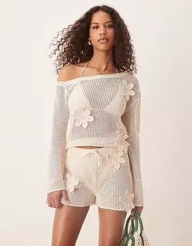 Короткий трикотажный комбинезон ASOS DESIGN с 3D-цветами в цвете экрю