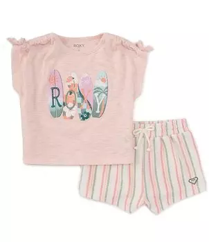 Короткий трикотажный топ Roxy для маленьких/больших девочек 2T-6X и полосатая пряжа с петлей для окраски французских махровых шорт, розовый
