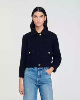 Короткий твидовый женский жакет Sandro, черный