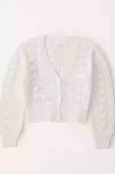 Короткий вязаный кардиган кремового цвета из фактурной ткани пуантелле с V-образным вырезом Abercrombie & Fitch, бежевый