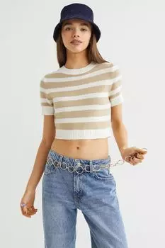 Короткий вязаный топ H&amp;M, бежевые/белые полосы