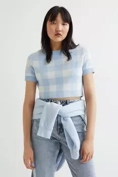 Короткий вязаный топ H&amp;M, голубой/белая клетка