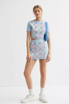 Короткий вязаный топ H&M, голубой/ромбы