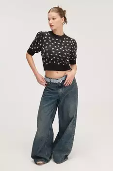 Короткий вязаный топ с пышными рукавами Monki, черный