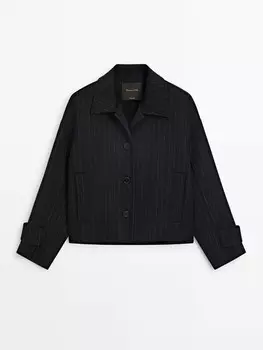 Короткий жакет в тонкую полоску из смеси шерсти Massimo Dutti, синий