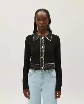 Короткий женский кардиган с рубашечным воротником Claudie Pierlot, темно-синий