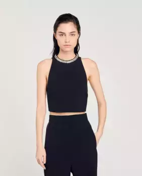 Короткий женский топ со стразами Sandro, черный