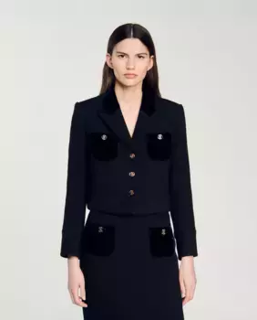 Короткий женский жакет из твида и бархата Sandro, черный