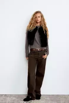 Короткий жилет из искусственного меха ZARA, черный