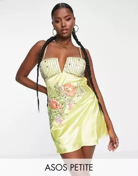 Короткое атласное платье косого кроя с цветочным декором ASOS DESIGN Petite