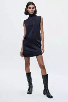 Короткое атласное платье ZARA, темно-синий