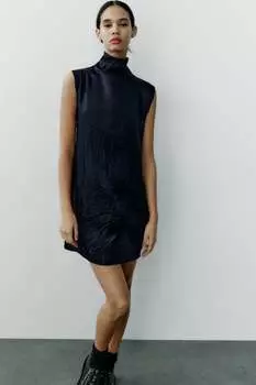 Короткое атласное платье ZARA, темно-синий