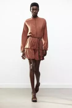 Короткое ажурное платье с поясом ZARA, цвет Light brown