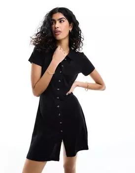 Короткое чайное платье с пуговицами спереди и воротником с лацканами ASOS из ткани с эффектом льна черного цвета