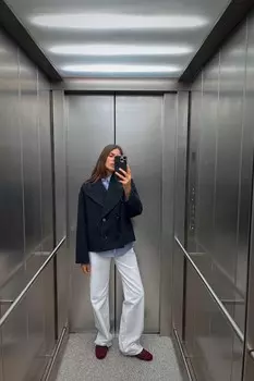 Короткое двубортное пальто ZARA, темно-синий