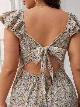 Короткое французское платье с цветочным принтом и рукавами-крыльями для полных девушек Для праздничной одежды