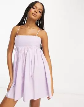 Короткое хлопковое летнее платье в стиле бэби-долл со складками ASOS сиреневого цвета