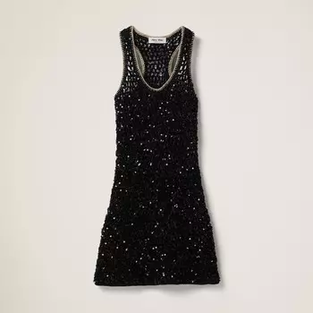 Короткое хлопковое платье с пайетками Miu Miu, черный