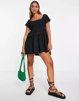 Короткое корсетное платье черного твила ASOS с квадратным вырезом и необработанным подолом