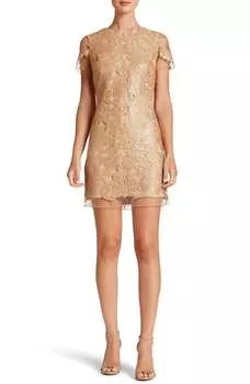 Короткое кружевное мини-платье Megan с пайетками и короткими рукавами в золотом цвете Dress The Population