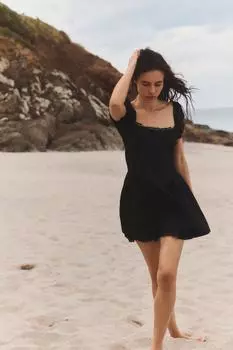 Короткое кружевное платье из поплина ZARA, черный