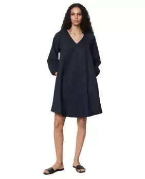 Короткое льняное платье с V-образным вырезом и А-силуэтом MARC O'POLO, темно-синий