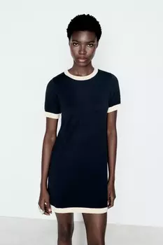 Короткое однотрикотажное платье ZARA, темно-синий/бежевый
