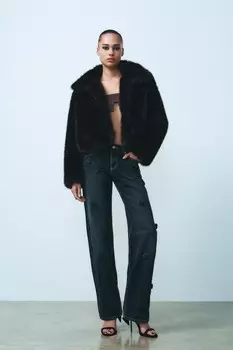 Короткое пальто из искусственного меха ZARA, черный
