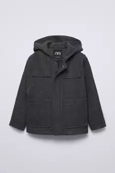 Короткое пальто с капюшоном ZARA, темно-серый
