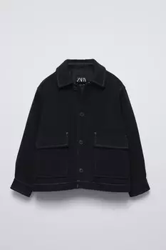 Короткое пальто с отстрочкой ZARA, темно-синий