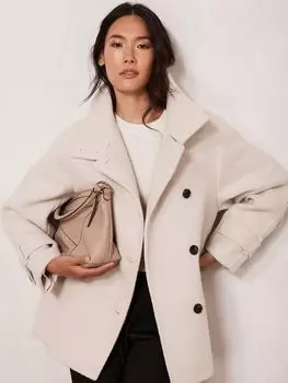 Короткое пальто с воротником-воронкой и узором елочка Mint Velvet, натуральный крем