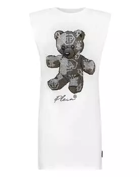 Короткое платье без рукавов Teddy Bear со стразами PHILIPP PLEIN, белый