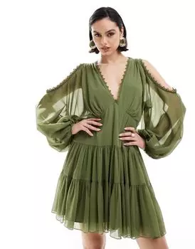 Короткое платье цвета хаки с открытыми плечами и кружевной вставкой ASOS DESIGN