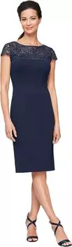 Короткое платье-футляр с вышитым иллюзорным вырезом и короткими рукавами Alex Evenings, темно-синий