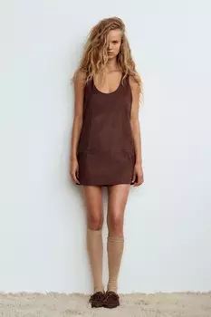 Короткое платье из искусственной замши ZARA, коричневый