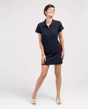 Короткое платье из пике с пуговицами и короткими рукавами De la Roca, темно-синий