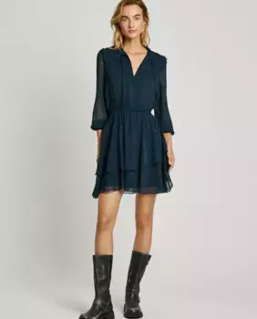 Короткое платье из плюмети с эластичной резинкой на талии Pepe Jeans, темно-синий