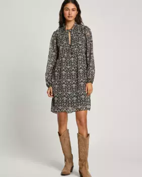 Короткое платье из плюмети с цветочным принтом Pepe Jeans, черный