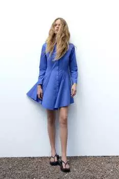Короткое платье из поплина ZARA, синий
