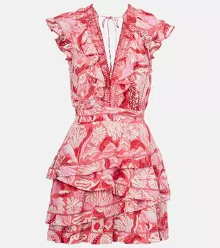 Короткое платье из сатина с цветочным принтом Carol Poupette St Barth, Pink Tiger Lily