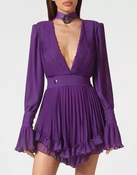 Короткое платье из шифона с плиссировкой Philipp Plein, фиолетовый