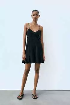 Короткое платье из смешанной льна с вышивкой ZARA, черный