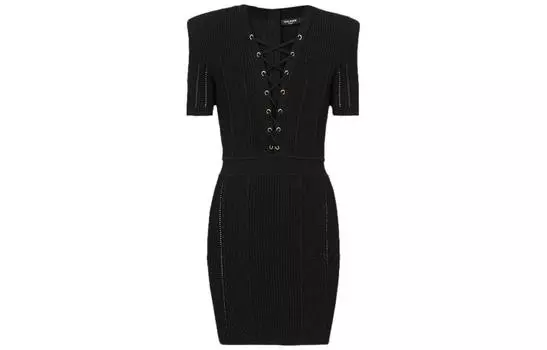 Короткое платье из тонкого трикотажа в рубчик BALMAIN, черный