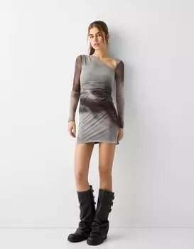 Короткое платье из тюля с асимметричным принтом и длинными рукавами Bershka, серый