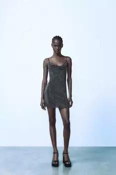 Короткое платье из тюля со стразами ZARA, черный