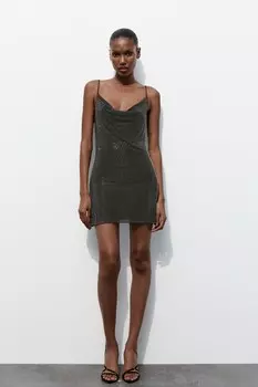 Короткое платье из тюля со стразами ZARA, черный