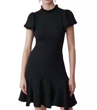 Короткое платье из твида с короткими рукавами и оборками черного цвета Rebecca Taylor