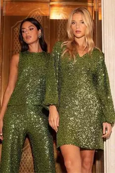 Короткое платье оливкового цвета с пайетками Ro&Zo, зеленый