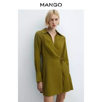 Короткое платье-рубашка Mango с драпировкой и запахом, зеленый